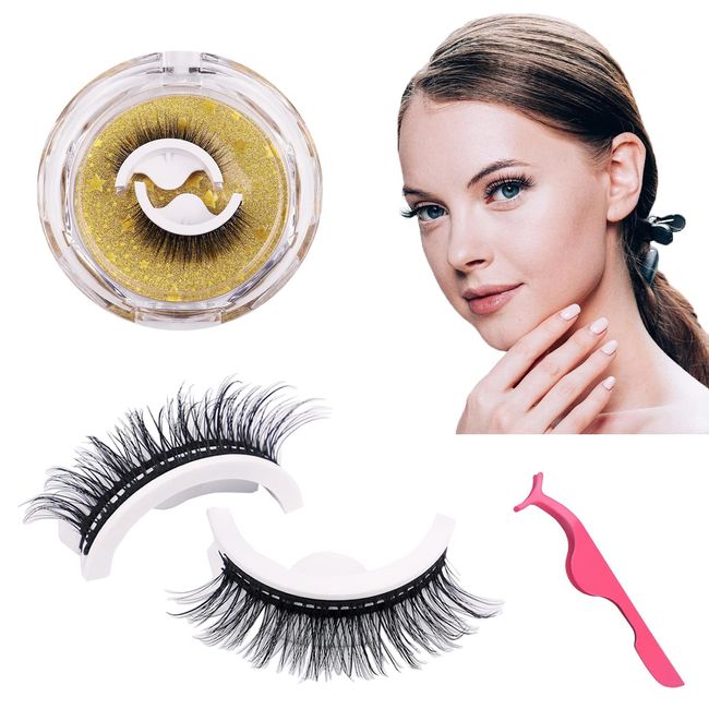 Lifuncren 2 Paare 3D Selbstklebende Wimpern Wiederverwendbar, Selbstklebende Künstliche Wimpern Kein Eyeliner oder Kleber Erforderlich,Katzenauge Falsche Wimpern,Natürliche Weich Lashes Cateye(JM-W02)