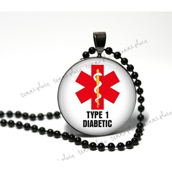 Type 1 Diabetic Medical Alert Necklace Glass Pendant Black Setting & Chain