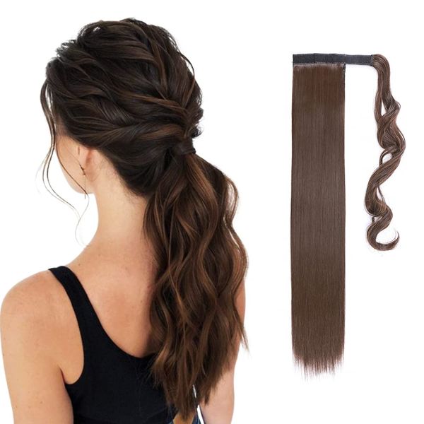 23" Long Straight Wrap Around Ponytail Clip in Hair Extensions One Piece Hairpiece Magic Tape in Pony Tail Extension for Women Medium Brown