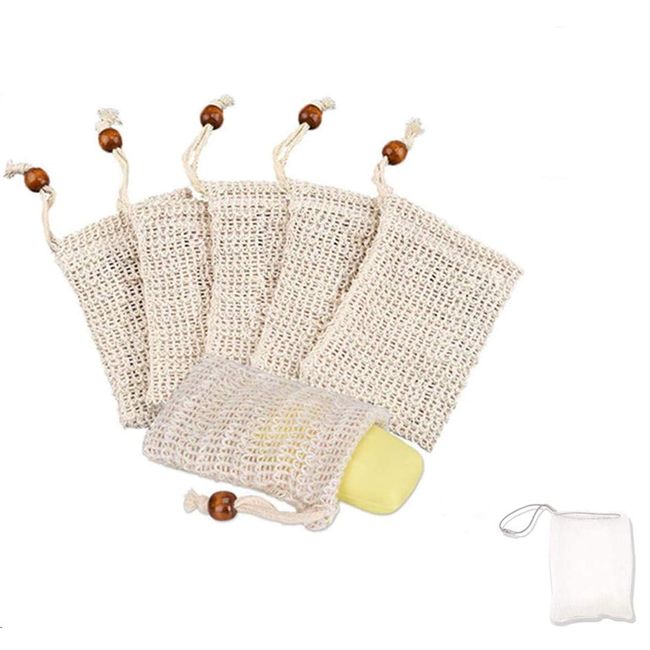 SIISMI Sisal Soap Bag Set (7 pcs) Natural Soap Bag Pouch Soap Bag Sack With Drawstring (6 x sisal |1 x nylon)