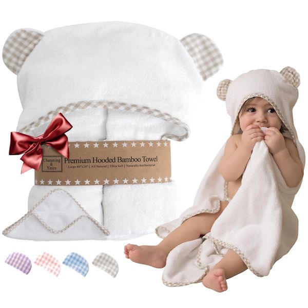 Channing & Yates Premium Organic Baby Bath Towel and Washcloth Set - Vicose Bamboo Baby Hooded Towel - Soft Baby Towels Baby Bath Essentials - Girl Boy Baby Bath Towels (Beige/White)