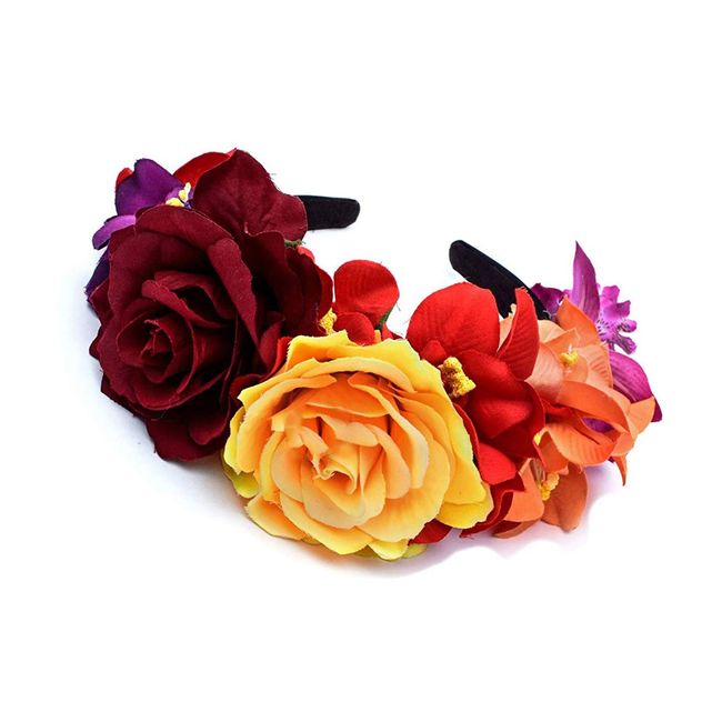 Merroyal Halloween Flower Crown Headband Party Costume Dia de Los Muertos Day of The Dead Headpiece (Yellow Red Orange Purple)