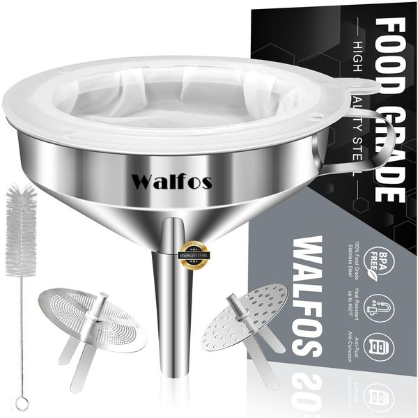 Walfos Stainless Steel Funnel 13cm with 2 removable filters and 1 cleaning brush and 200 mesh filter screen, Perfect For Decanting Liquid, Jam, Dry Ingredients & Powder.