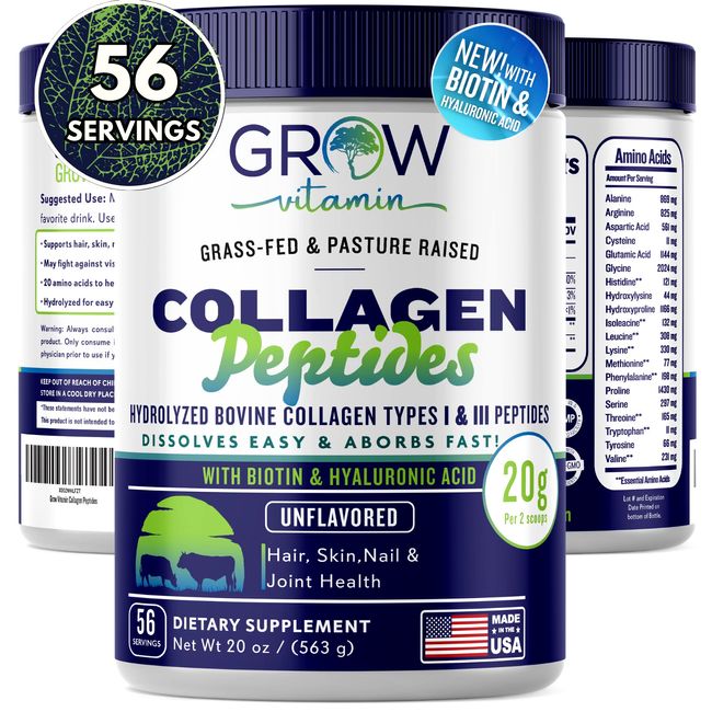 Grow Vitamin Collagen Peptides Powder - Pasture Raised, Grass Fed, Unflavored