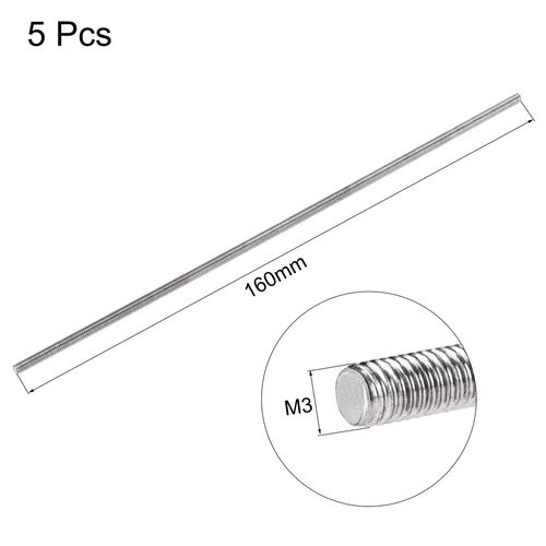 sourcing map 5Pcs M3 x 160mm Fully Threaded Rod 304 Stainless Steel Right Hand Threads