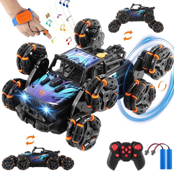 UrZoo 8 Wheels Remote Control Car, 2.4GHz Gesture Sensing RC Stunt Car with Spray & Cool Light for Kids 9-12 Year Old Christmas Birthday, Transform Drift Car Toys for Ages 6 7-13 14 Boys Girls, Blue