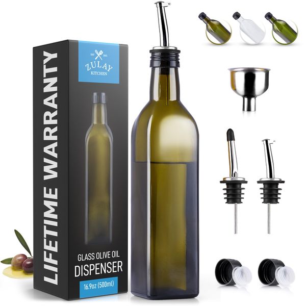 Zulay Olive Oil Dispenser Bottle for Kitchen - Glass Olive Oil Bottle with 2 Spouts, 2 Removable Corks, 2 Caps, & 1 Funnel - Oil Bottle for Kitchen & Storing Liquids