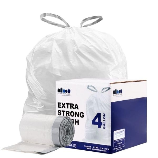 Plasticplace 4 Gallon Trash Bags │ 0.7 Mil │ Drawstring White Garbage Can Liners │ 17" x 16" (100 Count)