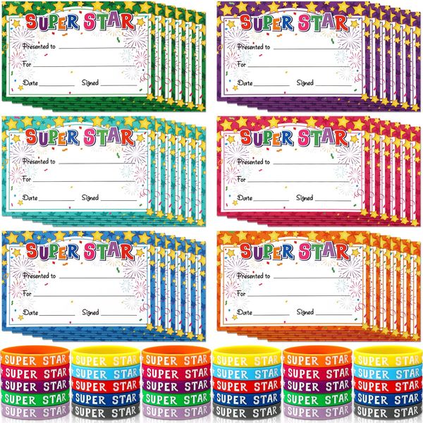 Eaasty 60 Pcs Star Student Certificates and Wristband End of School Year Birthday Preschool Kindergarten Recognition Award Certificates for Kid Graduation Teacher Classroom Supplies(Super Star)