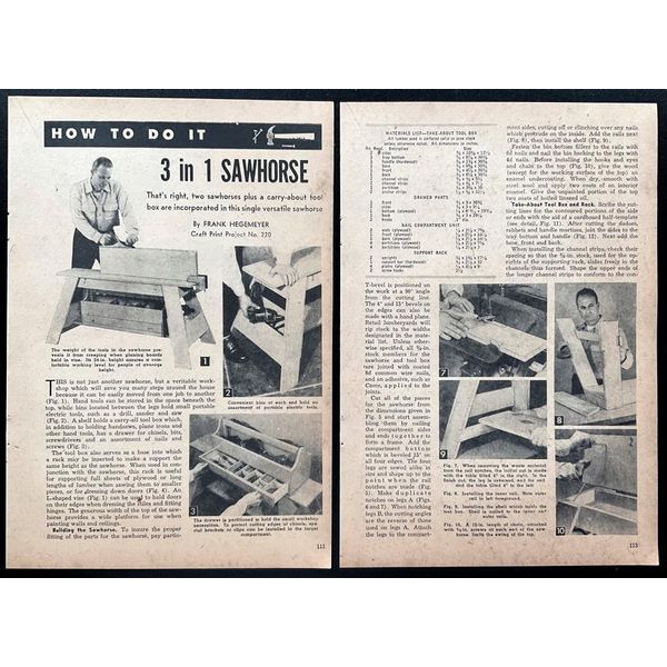 “3 in 1 Sawhorse” 1955 HowTo Build PLANS Workbench~Toolbox~Portable Workshop