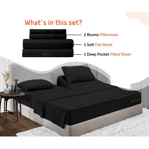 SGI bedding Adjustable Split Head Flex Top Queen 36" Microfiber Sheet Set – Ultra Soft, Cooling & Deep Pocket 15” Fitted, 4-Piece Breathable & Durable Bedding Set for Split Queen Beds -Black