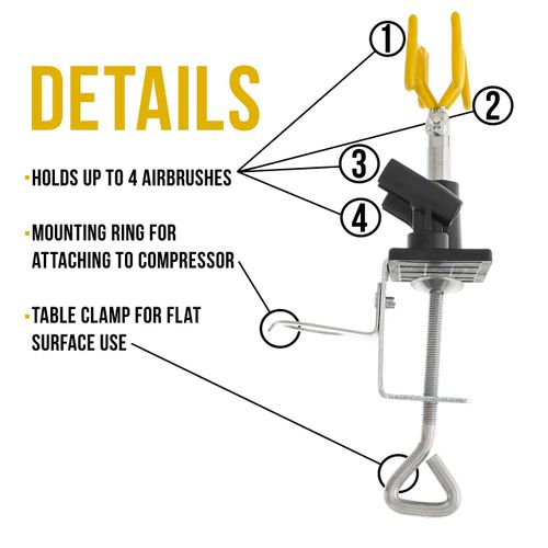 Master Airbrush® Brand Universal Clamp-on Airbrush Holder. Holds up to 4 Airbrushes and All Brands, Master, Iwata, Paasche, Badger, Grex and Generics
