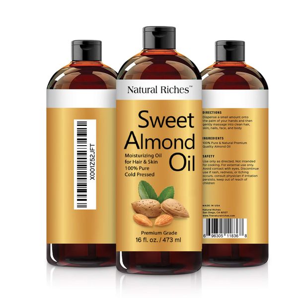 Natural Riches Sweet Almond Oil Cold Pressed, Triple A Grade, Pure and Natural Hexane free Soothing Vitamin E Oil for Skin, Facial Polish, Full Body Massages, Made in USA 16 FL oz.