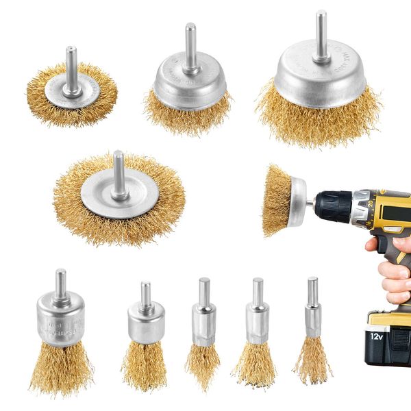 DazSpirit 9 pcs Wire Brushes for Drills Set, Brass Coated Wire Brush Wheel & Cup Brush Set with 1/4-Inch Shank Brush Kit for Rust Removal, Stripping, and Abrasive - Wire Brush Drill Attachment