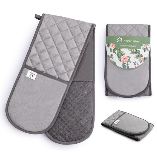 Grey Double Oven Gloves | Maximum Heat Resistant Protection | Double Oven Mitt With Silicone Non-slip Design | Machine Washable Oven Glove Home & Kitchen Accessories.