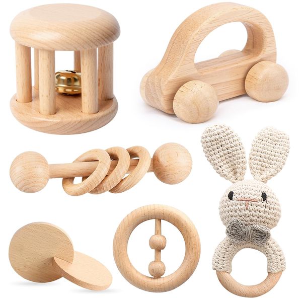 Wooden Baby Toys, 6PCS Wooden Rattle for Baby, Montessori Toys for Babies 0-6 -12 Months, Wood Rattles Set for Infant Grasping, Wooden Rattles Push Car Crochet Bunny Rattle Toy for Newborn Infant