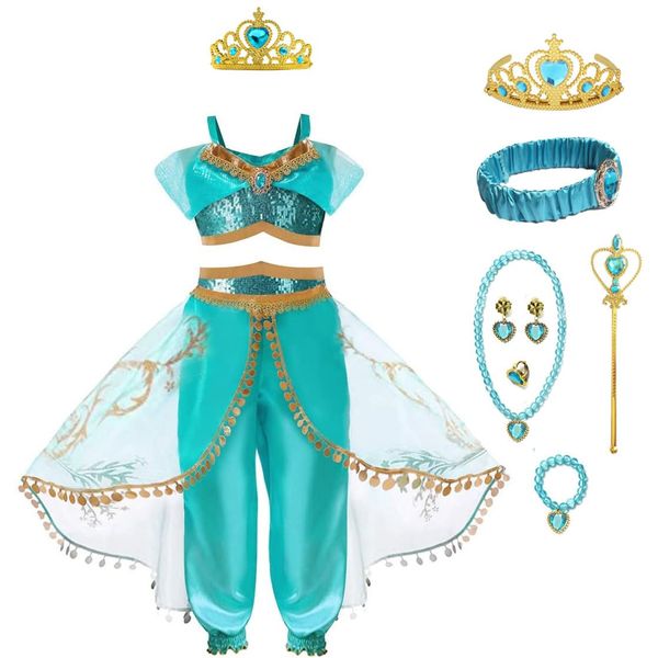 CREDIBLE UT5120 Children's Arabian Princess Dress, Luxurious 10-Piece Set (Top, Pants, Hair Band, Heart Tiara, Necklace, Magic Wand, Necklace, Earrings, Bracelet, Ring), US Kids 3 (100)