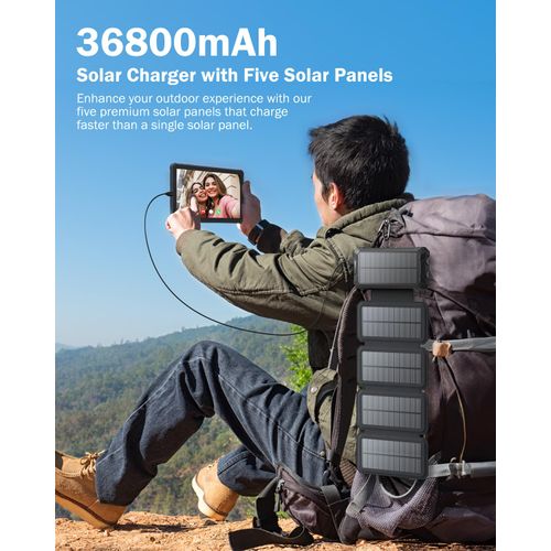 GOODaaa Solar Charger Power Bank, Portable Wireless Charger 36800mAh with Five Solar Panels Built-in Four Cable Five Outputs Outdoor Battery Pack for Cell Phone with Dual Flashlights, Carabiner