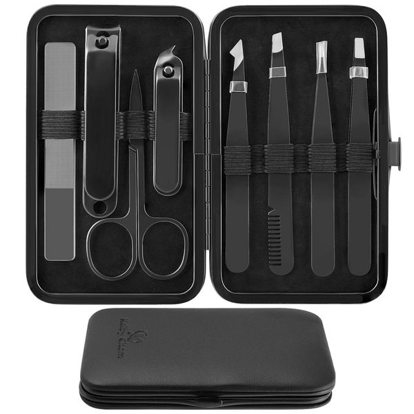 Tweezers Set and Nail Clippers 8Pcs Precision No Gaps Eyebrow Tweezer Kit for Facial Hair Men & Women Travel Tweezers with Leather Case