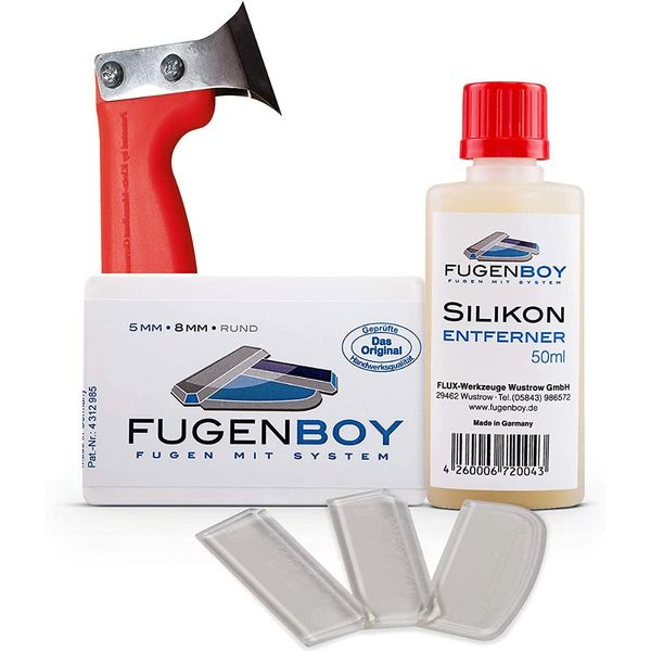 Fugenboy Heimwerker-Kit für Silikon-Fugen - Silikon Fugenwerkzeug Made in Germany | Enthält 50ml Silikon-Entferner, Silikonfugen Abzieher und Fugenmesser | Patentrechtlich geschütztes Werkzeug