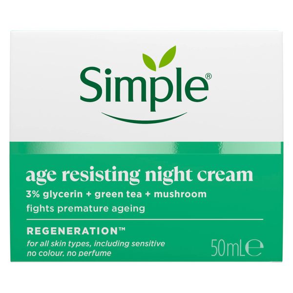 Simple Regeneration Age Resisting Night Cream with 3% Glycerin, Green Tea and Mushroom Extract Moisturiser for Overnight Skin Rejuvenation 50 ml