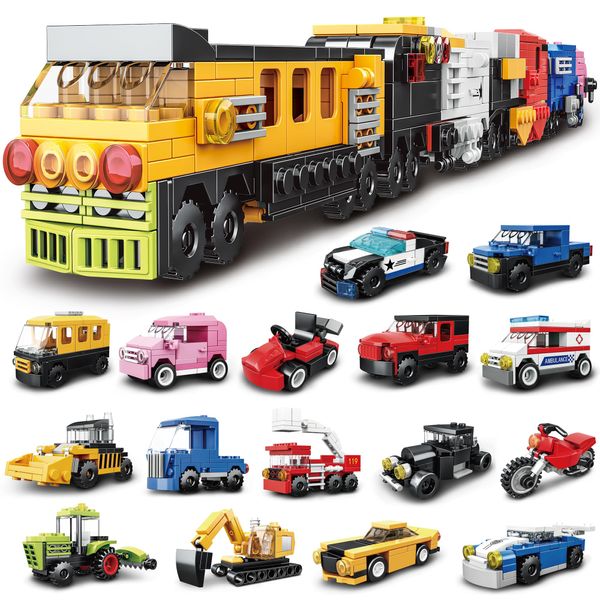 flybakiz 16 Pack Mini Party Favors for Kids - 710PCS Car Building Blocks Sets City Vehicles Include Car & Train, Classroom Prizes Goodie Bag Stuffers Easter Birthday Gifts for Boys Girls Ages 6-12+