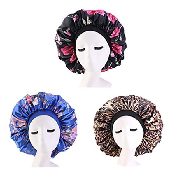 DEPHNARSA Extra Large Sleep Cap Jumbo Cap Large Satin Bonnet with Comfort Elastic Band (I-Printed 3PK)