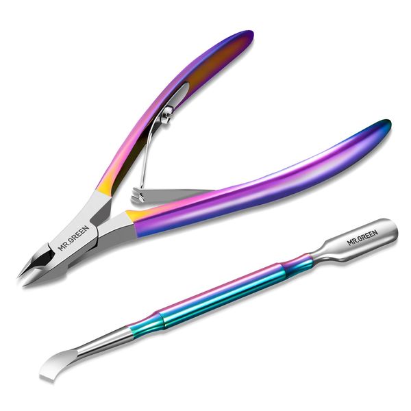 MR.GREEN Cuticle Scissors, Stainless Steel Cuticle Nippers with Pusher Manicure & Pedicure Tools for Salon and Home (Colored Titanium+Pusher)