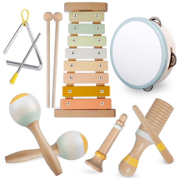 Fortand Musikinstrumente für Kinder, Musik Holzspielzeug ab 3 Jahre Kinderspielzeug Trommel Maracas Triangel Xylophon für Kinder Montessori Spielzeug Holz Percussion Set für Musikalische Früherziehung