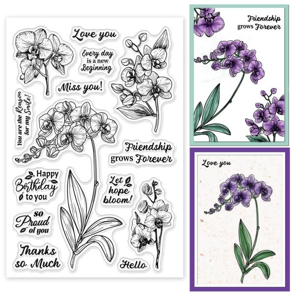 GLOBLELAND Orchideen Clear Stempels Segen Text Silikon Clear Stempel Siegel Blume Pflanze Transparent Stamps Für DIY Scrapbooking Kartenherstellung