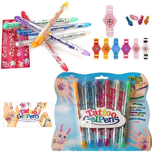 6 TEMPORARY TATTOO Gel Pens & BRACELET Watch -Semi Pemanent, Body Glitter, Skin Tattoo with Patterened STICKER STENCILS (2 Pack of 6)
