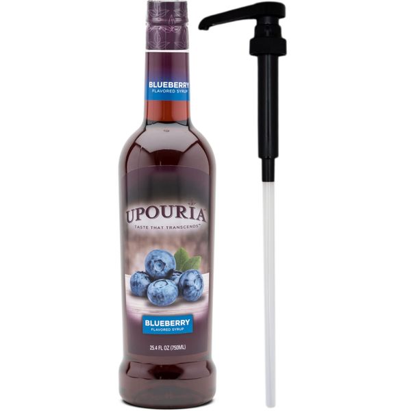 Upouria Blueberry Flavored Syrup, Great for Cocktails, Sodas and Lemonades, 100% Vegan, Gluten-Free, Kosher, 750 mL Bottle - Syrup Pump Included