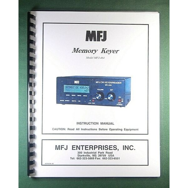 MFJ 464 Memory Keyer Instruction Manual: w/Clear Protective Covers!