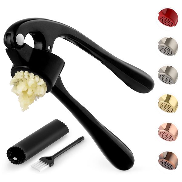 Zulay Kitchen Premium Garlic Press with Soft, Easy to Squeeze Handle - Includes Silicone Garlic Peeler & Cleaning Brush - 3 Piece Garlic Mincer Tool - Sturdy Easy to Clean Garlic Crusher (Black)