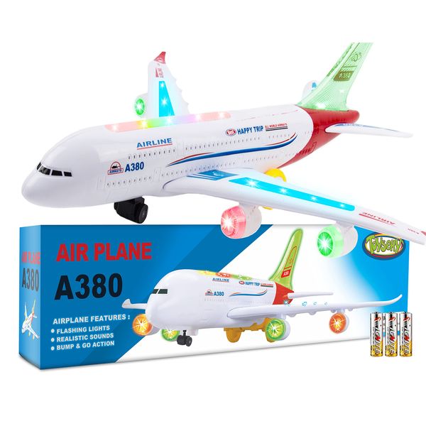 Toysery Airplane Toys for Kids, Bump and Go Action, Toddler Toy Plane with LED Flashing Lights and Sounds. Ideal for Boys & Girls 3-12 Years Old (Airbus A380)