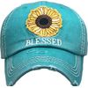 Funky Junque Womens Baseball Cap Distressed Vintage Unconstructed Embroidered Patch Hat (Blessed w/Sunflower - Turquoise)