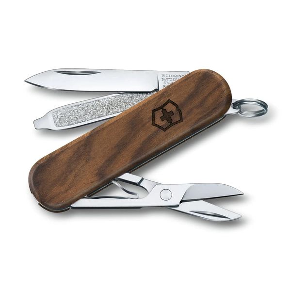 VICTORINOX 0.6221.63 Classic SD Wood Swiss Army Knife, Multi-functional Knife, Outdoor, Camping, Scissors, Slotted Screwdriver, Built-In Nail File, 5 Functions Swiss Multi-Tool, Small, Compact,