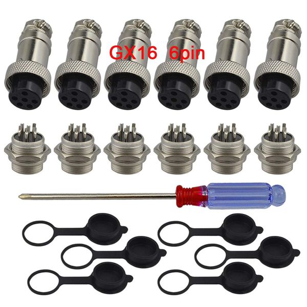 QitinDasen 6Pcs Premium 6 Pin GX16 Aviation Connector, 5A 16mm Thread Male Female Panel Metal Aviation Wire Connector Plug Socket, with Rubber Protector Cap and Phillips Screwdriver