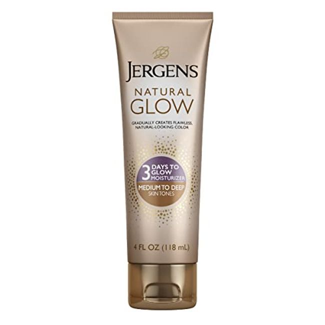 Jergens Natural Glow 3-Day Self-Tanning Lotion Sunless Tanning Products For Medium to Dark Skin Tones Daily Moisturizer for Tanning Without Sunlight Streaking Color 1134g4 oz Four, 1.Jergens Natural Glow 3 Days To-Glow