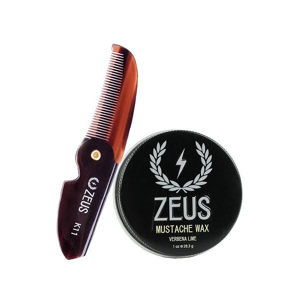 ZEUS Mustache Wax & Mustache Comb Grooming Set for Men – Folding Mustache Comb & Natural Mustache Wax