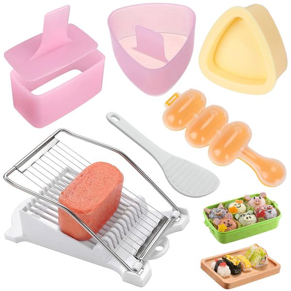 6 Pcs/Set Spam Musubi Maker Mold Press (Non Stick) with Luncheon Meat Slicer Kit Sushi Shake Rice Ball Mold Onigiri Mold Sushi Making Tool Egg Slicer Hot Dog Cutter for Kitchen