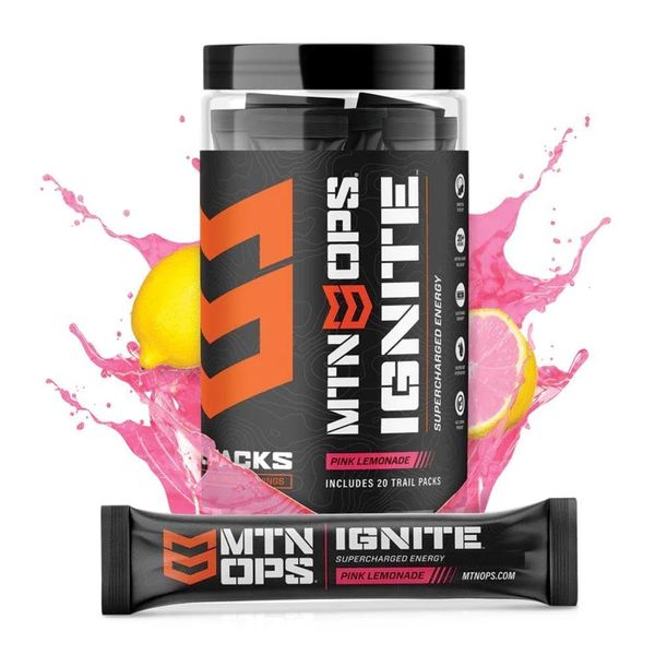 MTN OPS Ignite Trail Pack Supercharged Energy Drink Mix 20 Servings, Pink Lemonade