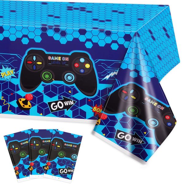 PHOGARY 3 Pack Video Game Tablecloth Blue Video Game Table Cover Geek Theme Birthday Party Decorations Supplies for Kids Player, 108 x 54 Inches