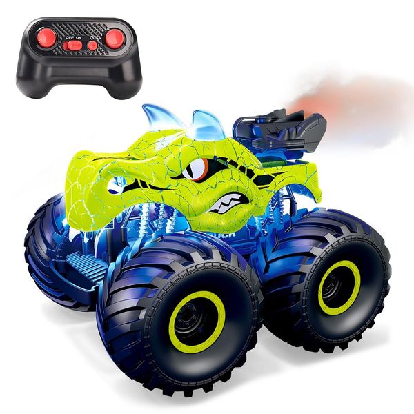 Threeking 1:18 Dinosaur RC Car Remote Control Cars Trucks Toy 4WD Off-Road Car Toys with Lights Spray Suitable for All Terrain Gifts Presents for Boys/Girls Ages 6+ Green