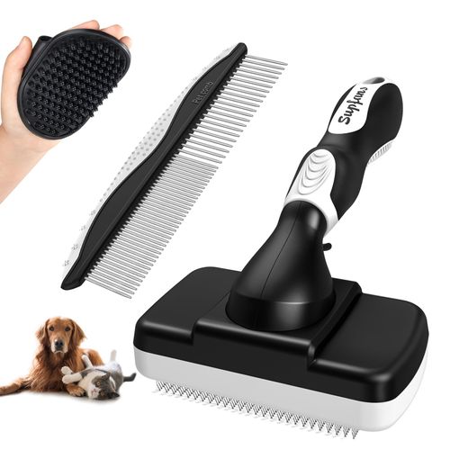 3PCS Dog Grooming Kit - Deshedding Dog Brush, Self Cleaning Slicker Brush, Bath Brush and Comb, Suitable for Hair Removal and Bathing of Dogs & Cats (white Black)