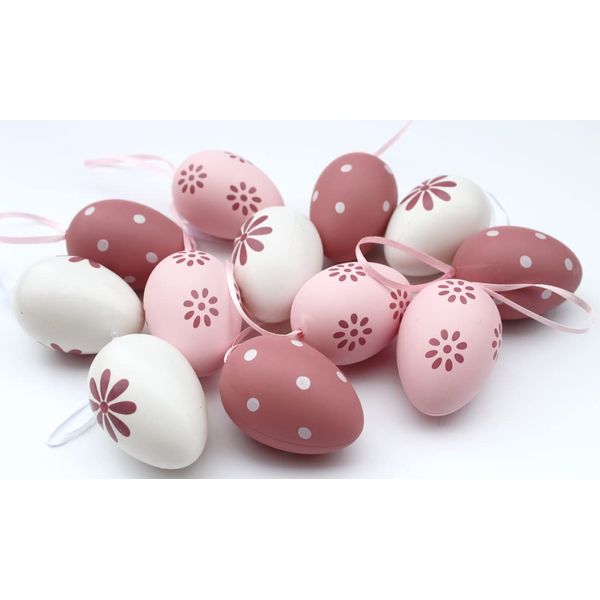 LB H&F 12er Set Ostereier Plastik zum aufhängen Rosa Weiß Pastell Osterdeko Ostern Deko Größe: 6cm (Pastell)