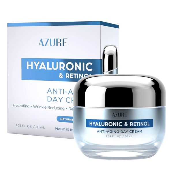 AZURE Hyaluronic & Retinol Anti Aging Day Cream - Rejuvenating & Hydrating | Reduces Wrinkles, Creases & Fine Lines | Evens Skin Tone & Dark Spots | Made in Korea - 50mL