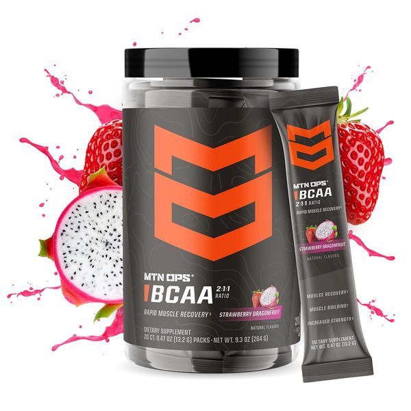 MTN OPS BCAA 2:1:1 Amino Acids Supplement Powder for Rapid Muscle Recovery & Repair with Zero Sugar & Gluten Free, 20 Single Servings, Strawberry Dragonfruit