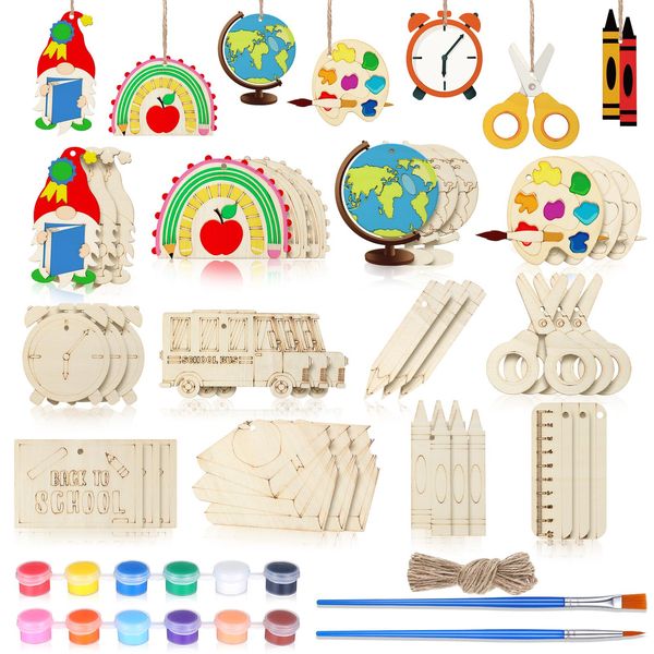 JellyArch 36 Pack Back to School Wood Cutouts Crafts for Kids, First Day of School Blank Unfinished Wooden Shapes Slices, DIY Crafts Paint Hanging Ornaments for Home School Party Supplies