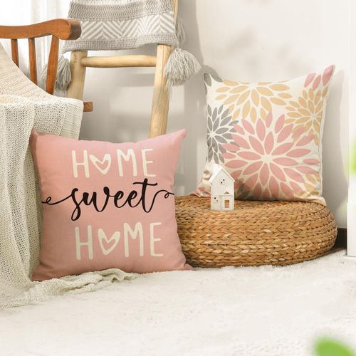 Artoid Mode Pink Dahlia Home Sweet Home Spring Cushion Covers Set of 4, 45x45 cm Summer Decorative Pillow Case Cover Sofa Living Room Decor